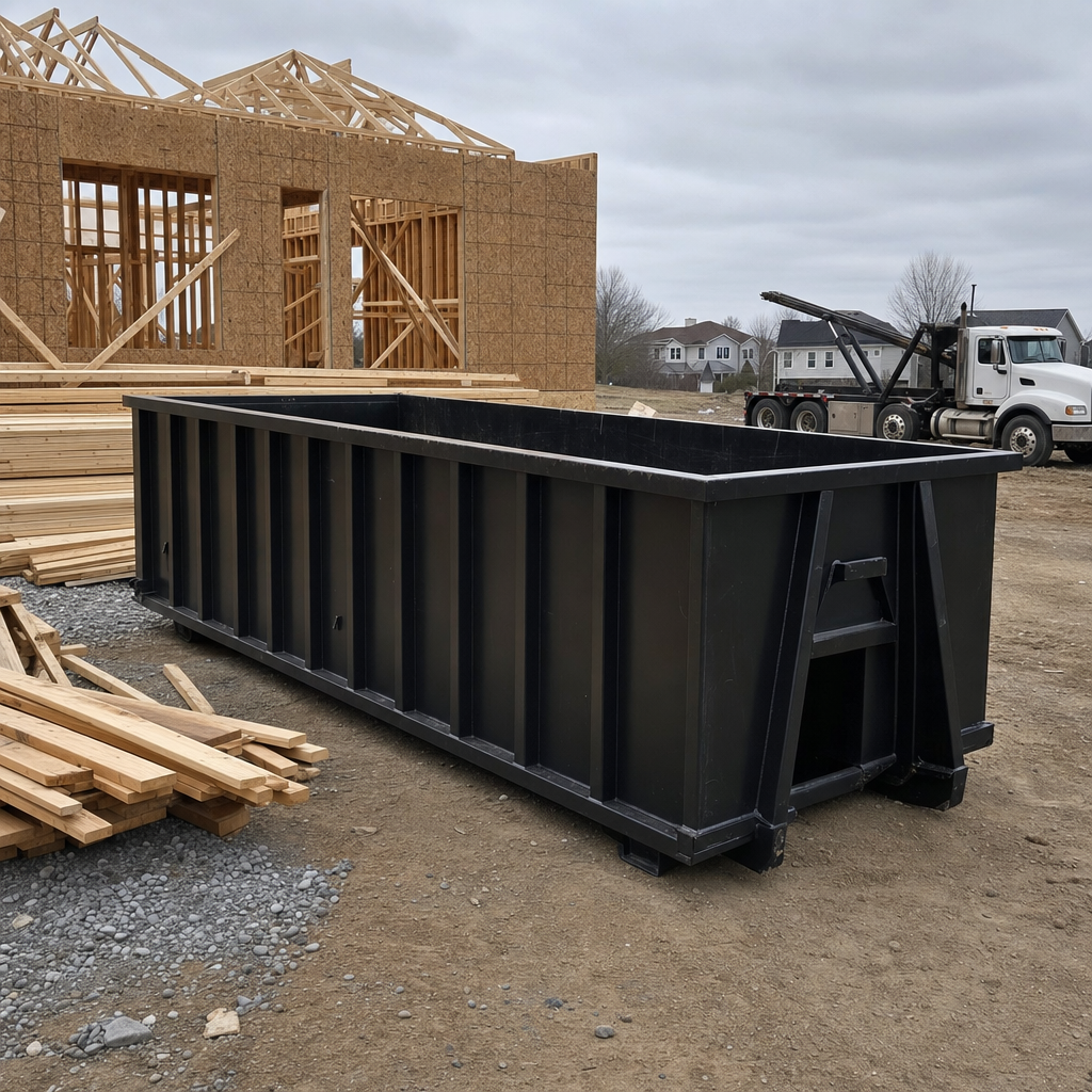Matte-black 40-yard roll-off dumpster staged on a framed-out residential construction site in Cicero, framing lumber stacked nearby, hooklift delivery truck visible in the background under bright Colorado daylight