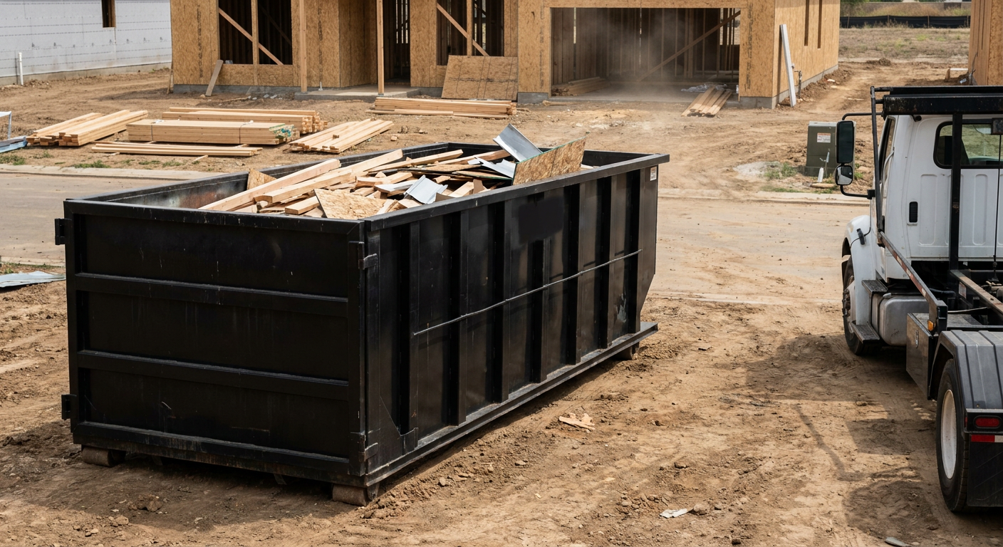 Matte-black 20-yard roll-off construction dumpster with heavy ribbed steel sidewalls and swing rear doors at a working jobsite in Cicero, sitting directly on compacted dirt with an unmarked white hauler partially visible at the far edge of the frame.