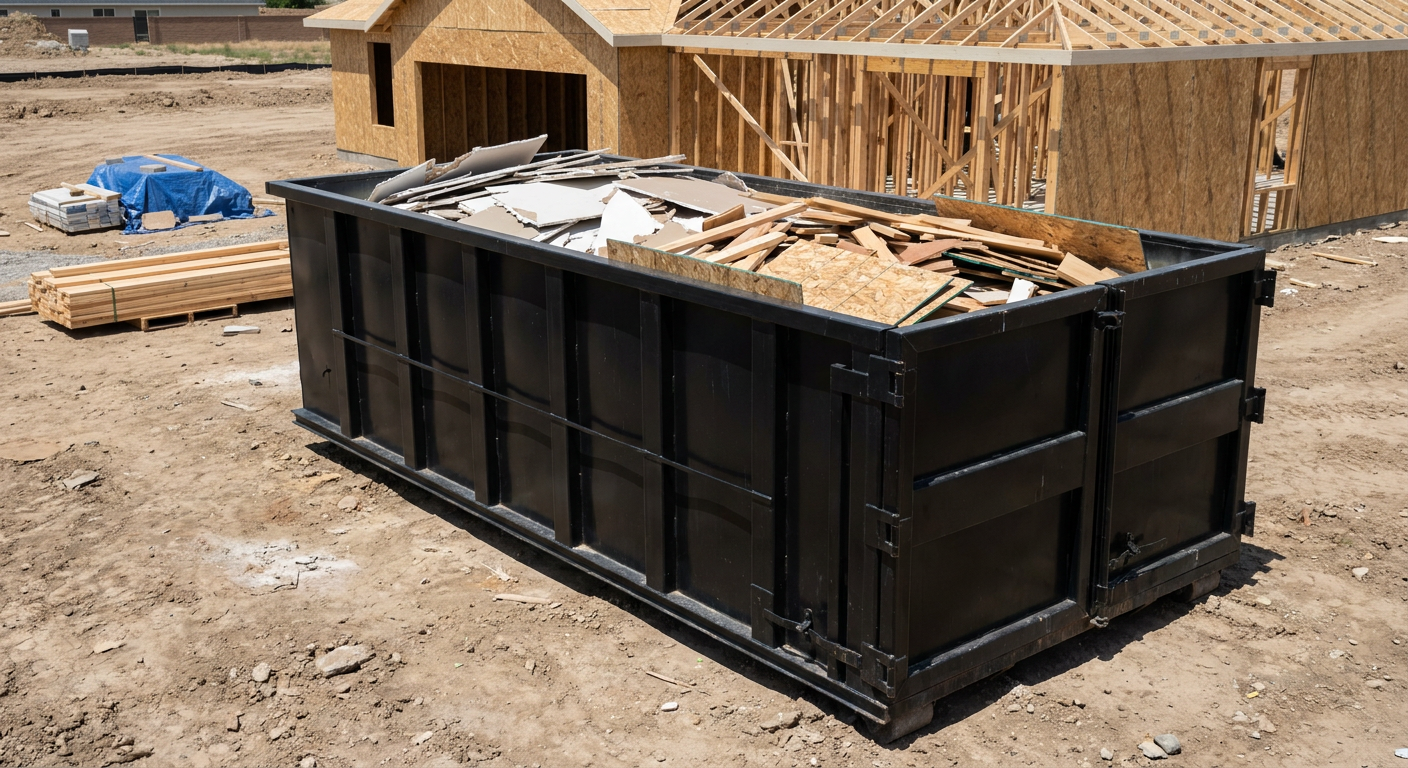 Matte-black 30-yard roll-off construction dumpster sitting directly on the compacted-dirt site of a framed single-family home build in Cicero, drywall and lumber scrap loaded inside.