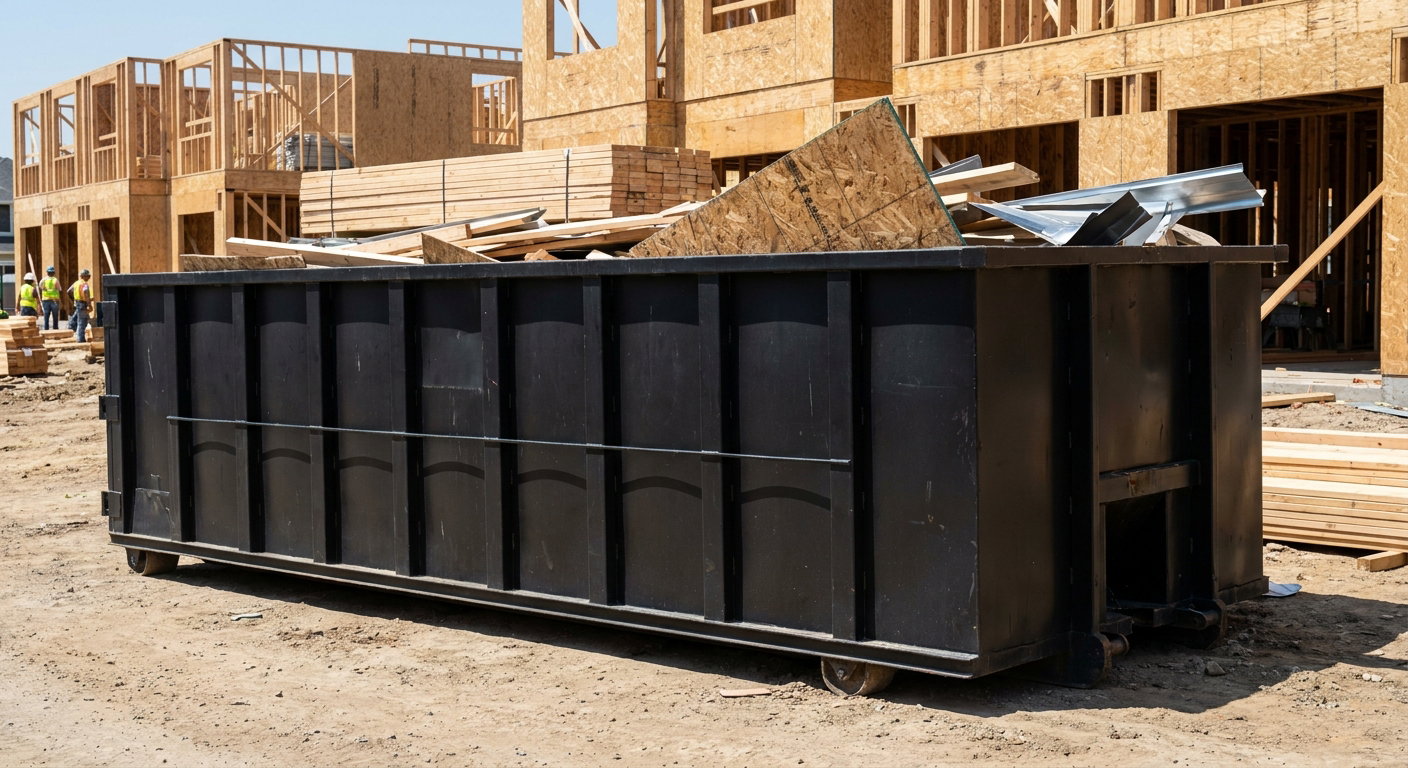 Matte-black 40-yard roll-off construction dumpster being lowered from a white-cab hooklift delivery truck onto the compacted-dirt jobsite at a commercial build site in Cicero