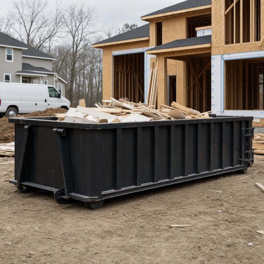 Worker in a yellow high-visibility vest tossing framing lumber and broken drywall into a matte-black 30-yard construction roll-off dumpster on an active build site in Cicero, bright daylight