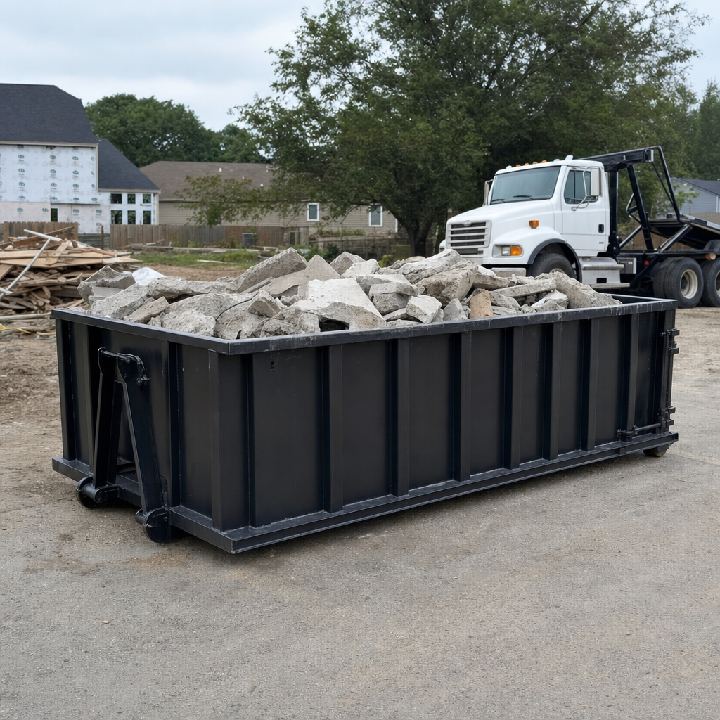 Low-profile matte-black lowboy roll-off dumpster loaded with broken concrete slab and rebar at a foundation tear-out in Cicero, skid steer parked beside it, sunny Colorado morning