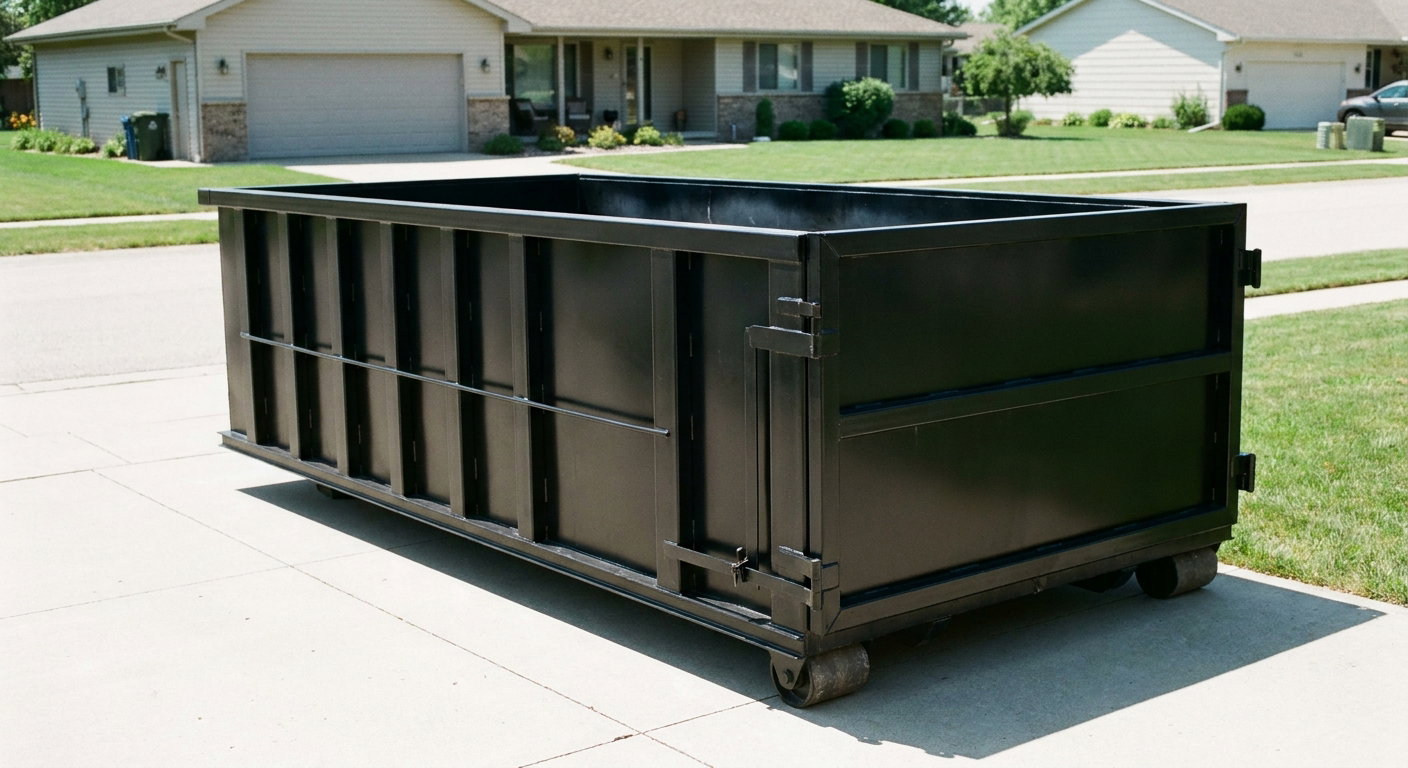 Matte-black 10-yard roll-off dumpster on a residential concrete driveway in Cicero, uniformly painted matte black across every panel and rail, ribbed steel sidewalls and rear swing door visible, mid-day daylight.