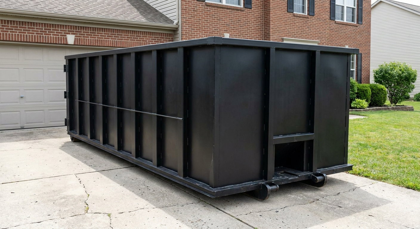 Matte-black 20-yard roll-off container on a Cicero residential concrete driveway with reinforced ribbed steel sidewalls and a hinged rear walk-in door, clean bright daylight.
