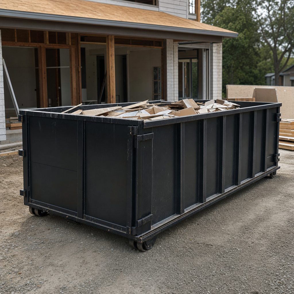 Large matte-black 30-yard construction roll-off dumpster at an active Cicero jobsite, steel-gray top rails and bottom rollers visible, loaded with construction debris.