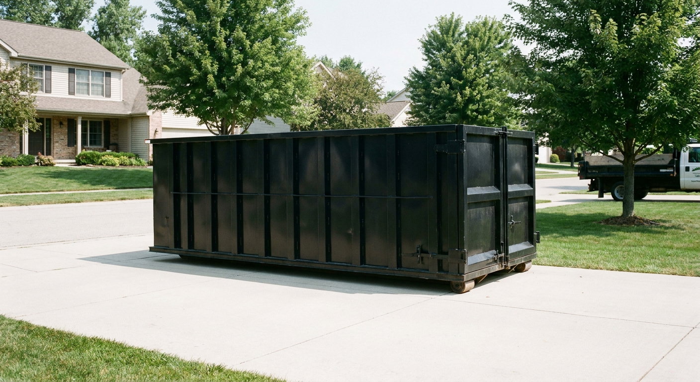 Matte-black 20-yard roll-off dumpster sitting level on a clean Cicero residential concrete driveway under bright daylight, demonstrating clean placement directly on the concrete.