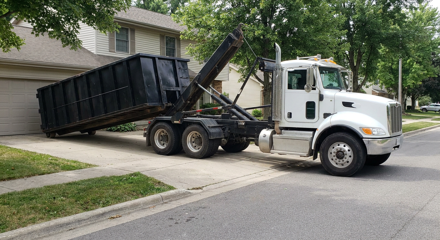 White-cab hooklift roll-off truck actively lowering a matte-black dumpster onto a Cicero residential concrete driveway, the dumpster's rear wheels touching the driveway as the hoist arm tilts the bed forward, mid-morning daylight.