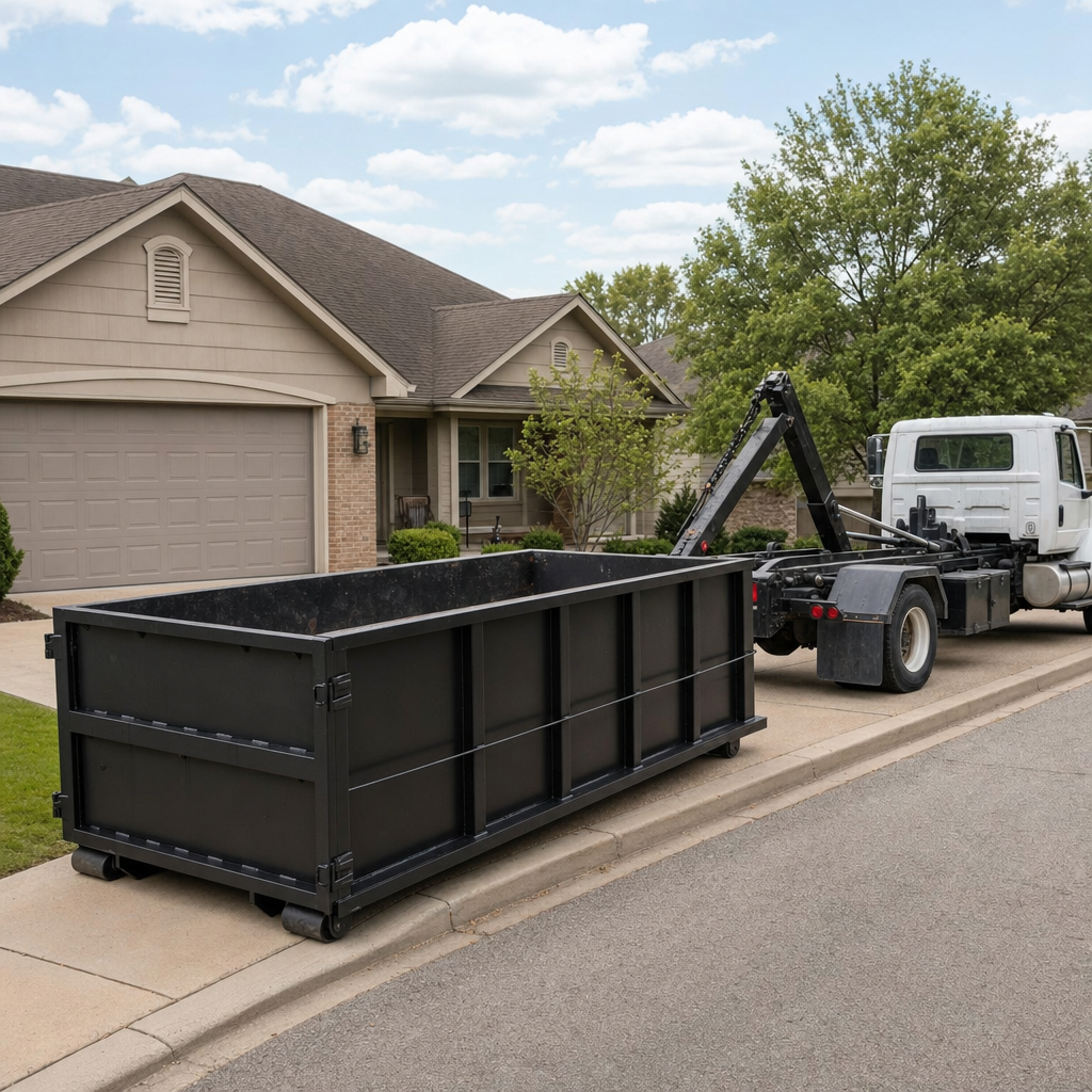 Wide documentary shot of a matte-black roll-off dumpster on a Cicero residential driveway in the foreground and a contractor jobsite container in the soft-focus background, bright daylight, calm and orderly composition.