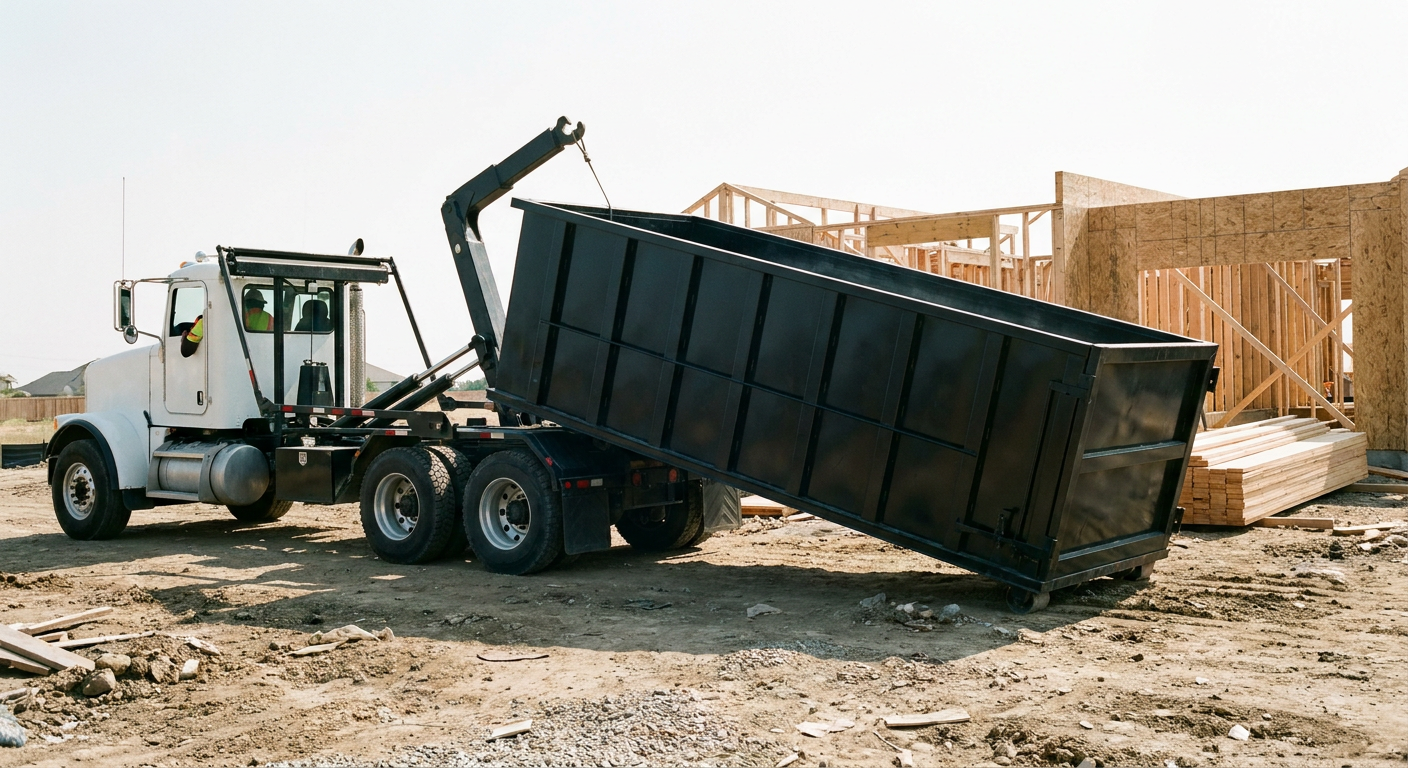 Matte-black roll-off dumpster being delivered onto a clean residential concrete driveway in Cicero by an unmarked white hooklift hauler truck, bright morning daylight, documentary 35mm perspective.
