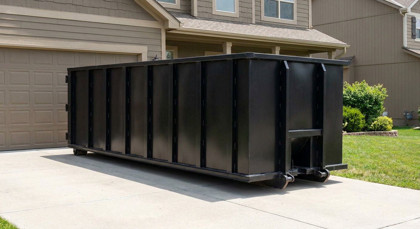 Matte-black residential roll-off dumpster sitting directly on a suburban Cicero concrete driveway, garage door closed, single-family home in background, bright morning daylight.