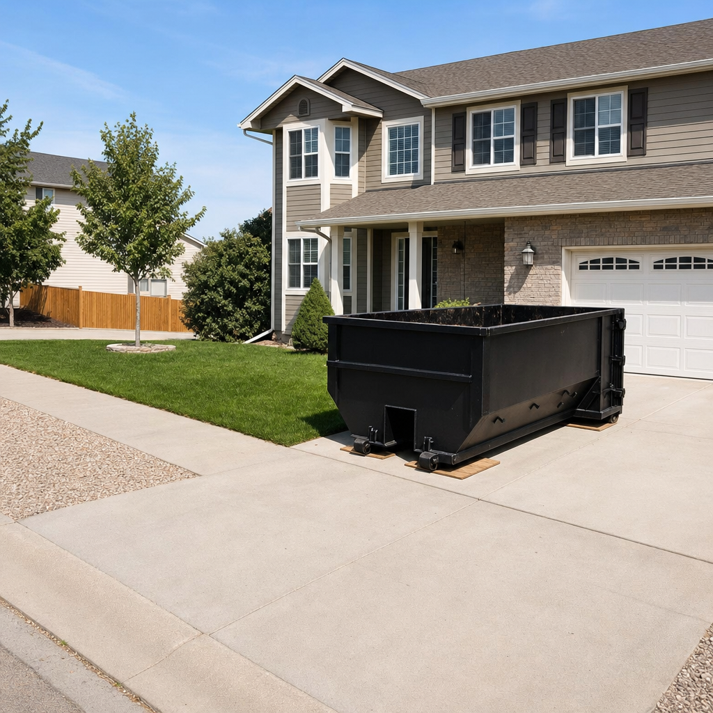 10-yard matte-black residential dumpster placed directly on a narrow Cicero concrete driveway, room remains for a parked sedan beside it, mid-morning natural light