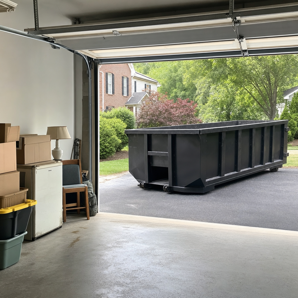Open garage interior in a Cicero home mid-cleanout — boxed items, an old appliance, and stacked yard tools queued near the driveway for a matte-black roll-off dumpster, organized and calm
