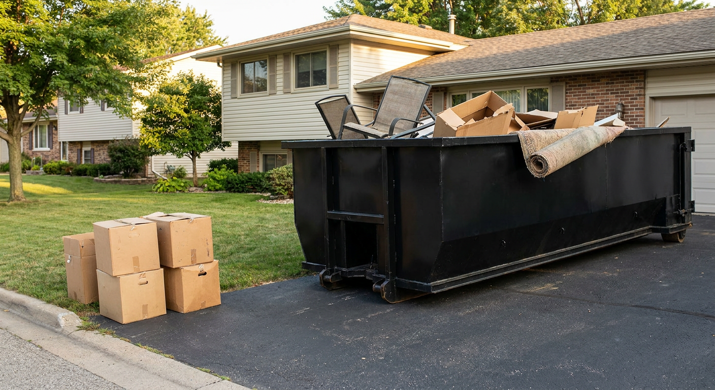 Front-yard view of a Cicero split-level home with a 20-yard matte-black roll-off dumpster sitting directly on the asphalt driveway, a few clearly labeled donation boxes staged at the curb, calm sunny afternoon.