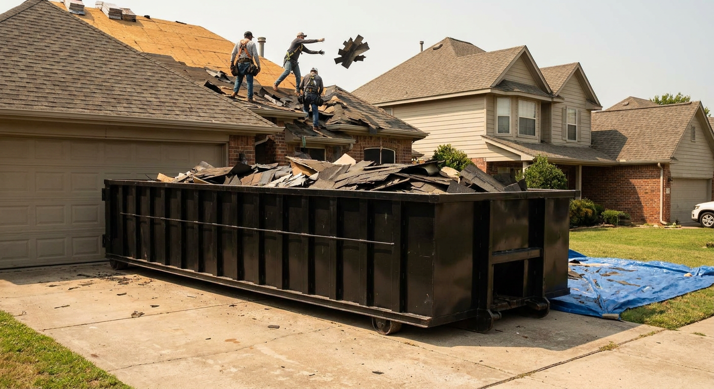 Matte-black roofing roll-off dumpster placed directly on a Cicero residential concrete driveway, a tear-off crew on a two-story asphalt-shingle roof tossing shingle bundles into the low-walled container, bright daylight, documentary 35mm perspective.