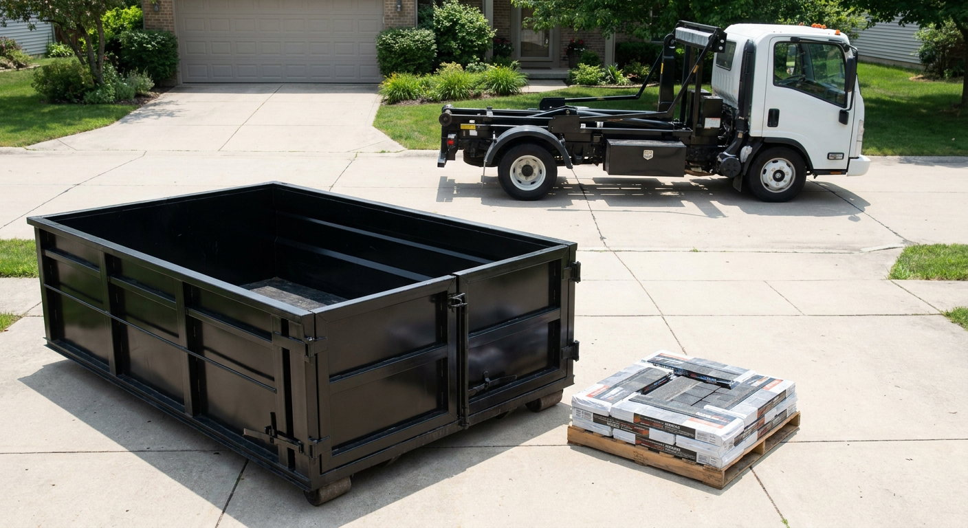 Matte-black 15-yard roofing roll-off dumpster with reinforced low side walls sitting directly on a Cicero residential concrete driveway, three-tab asphalt shingle bundles stacked nearby, an unmarked white hauler truck partially visible at the edge of the frame.