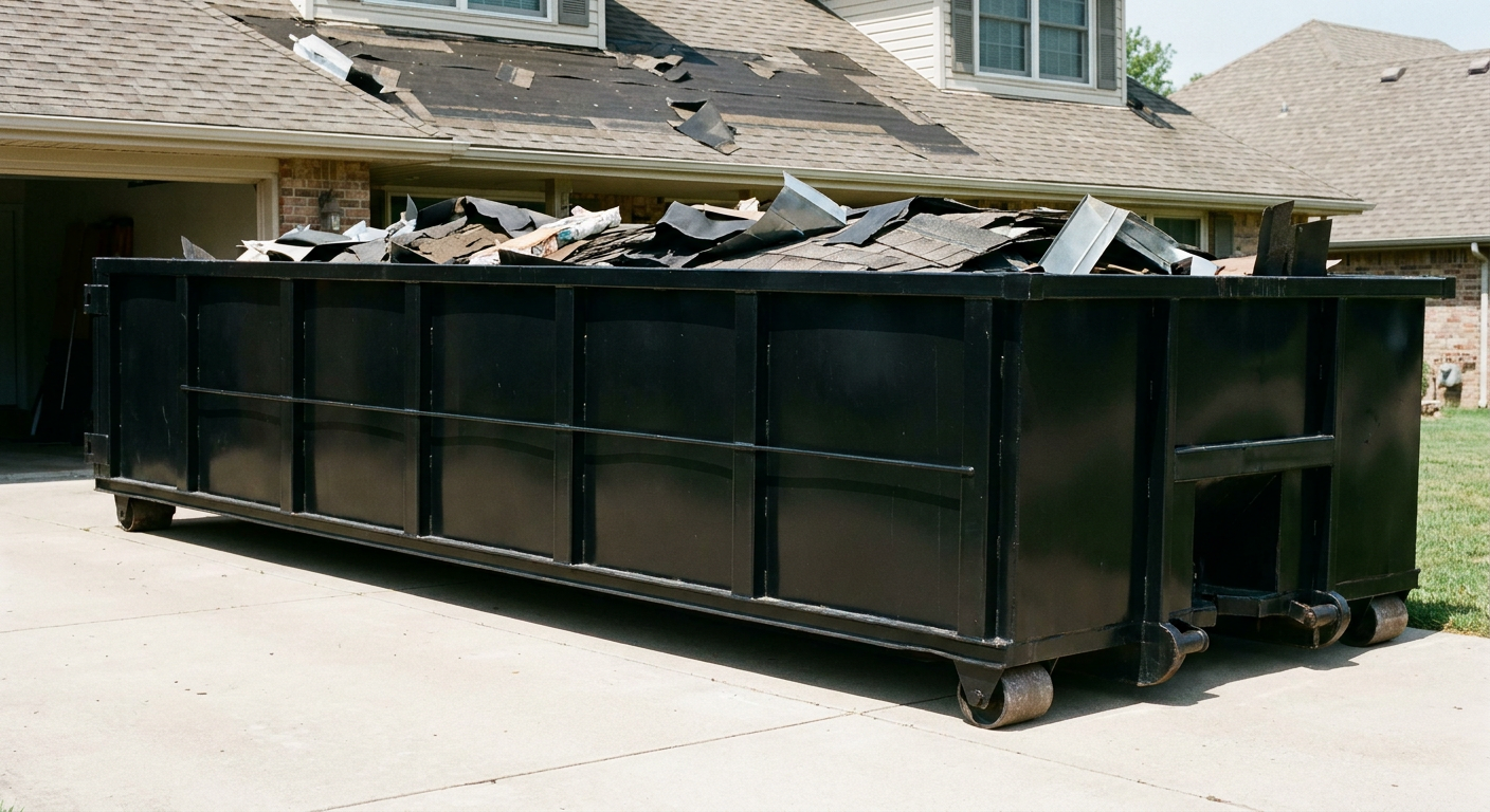 Matte-black 20-yard roofing roll-off dumpster with steel ribbed sides and swinging rear door, sitting directly on the concrete driveway of a two-story Cicero home, asphalt shingle debris being loaded over the low wall, clean documentary lighting.