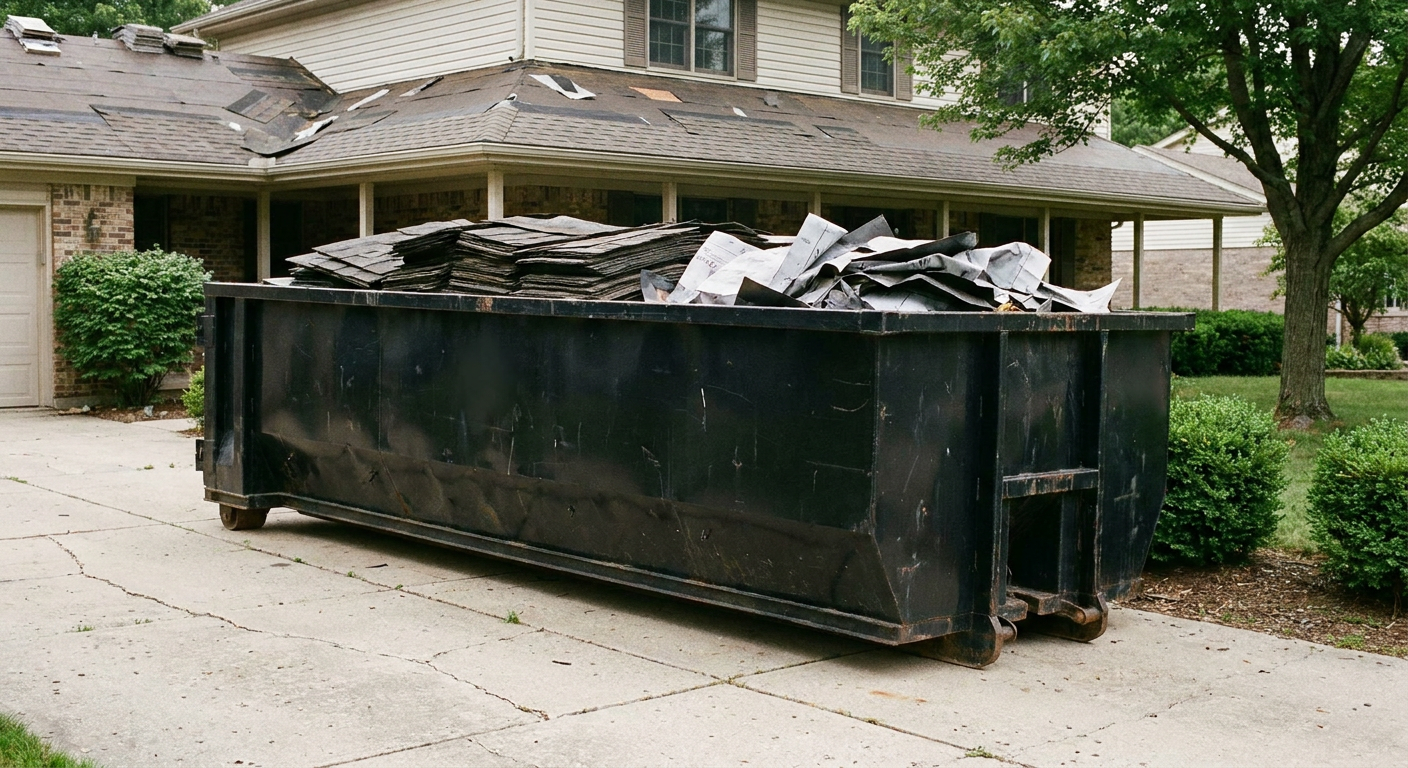 Matte-black 30-yard roofing roll-off dumpster sitting directly on a Cicero concrete driveway, taller ribbed steel side panels, mixed tear-off debris of asphalt shingles and underlayment inside, professional documentary daylight.