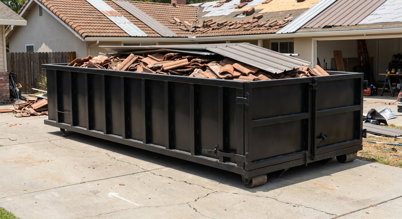 Matte-black low-wall heavy-debris roofing roll-off dumpster sitting directly on a Cicero concrete driveway, broken concrete clay roof tiles and metal panel sections loaded inside, reinforced ribbed steel side walls visible, bright outdoor daylight.