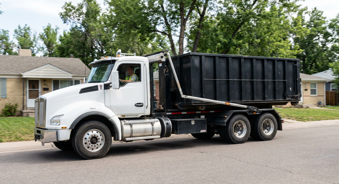 A wide documentary shot of a matte-black roll-off delivery truck pulling onto a quiet Cicero residential street at mid-morning, with neighborhood rooftops and tree-lined blocks visible behind, showing the metro coverage footprint.