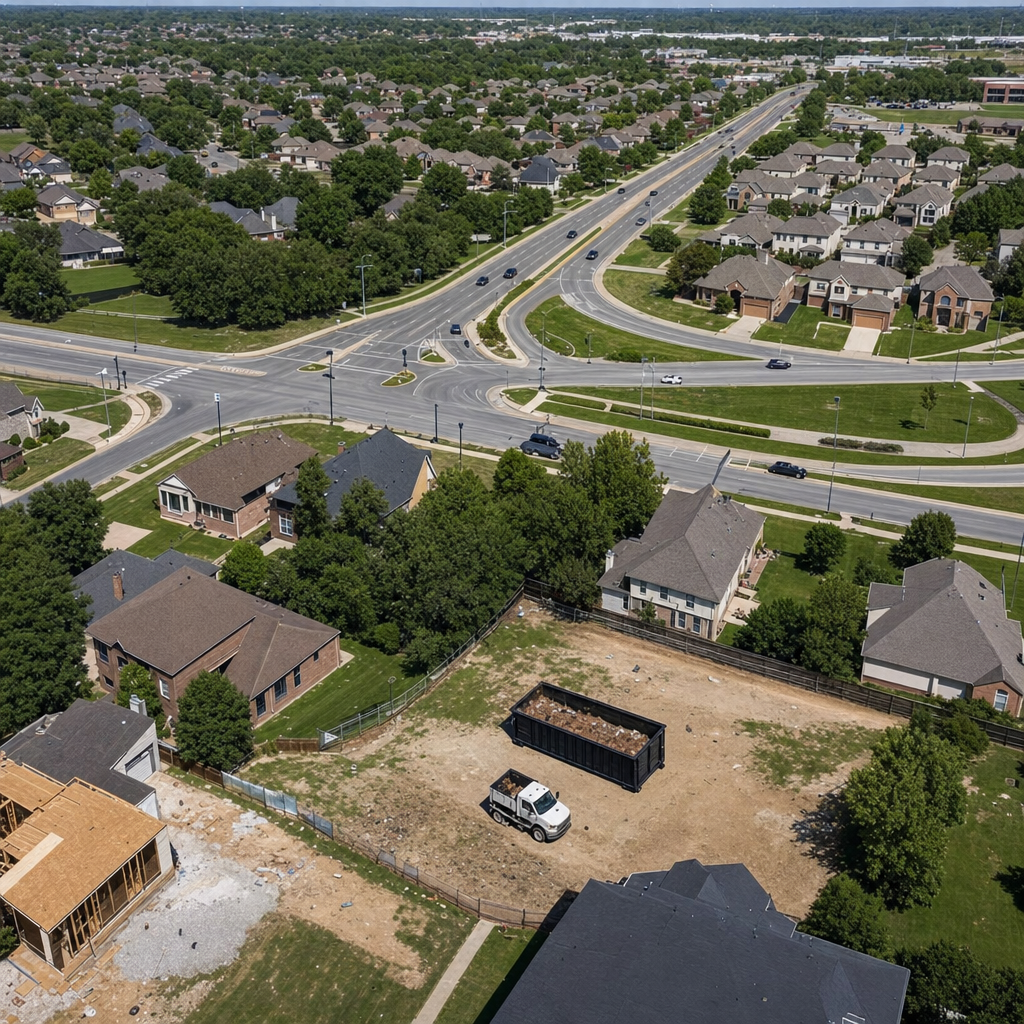 An overhead documentary view of the Cicero metro area at midday, showing the spread of neighborhoods, arterial roads, and the dispatch radius from a central yard — clean daylight, organized geographic layout.