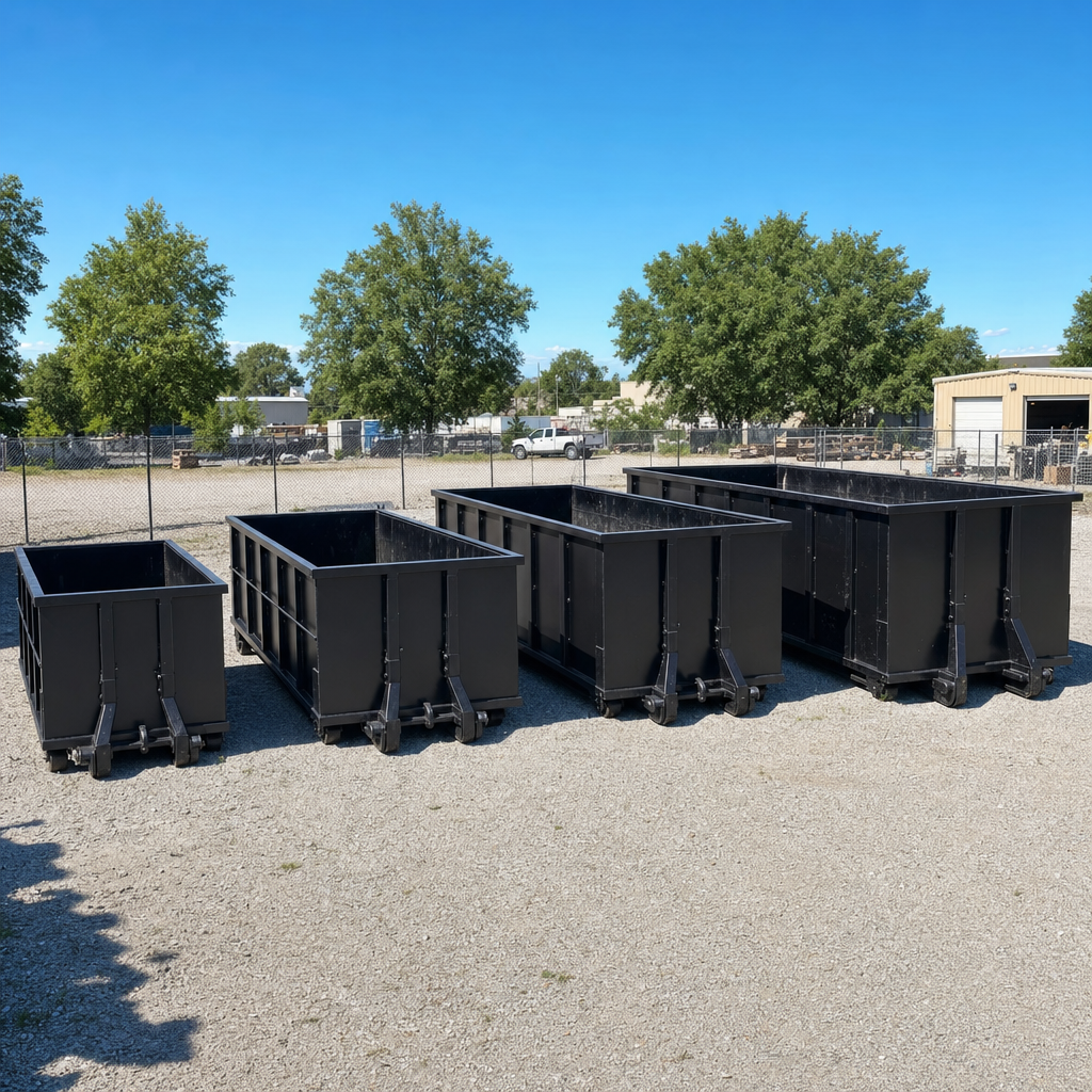 A clean lineup of matte-black roll-off dumpsters in 10, 20, 30, and 40-yard sizes staged on a sunlit gravel yard in Cicero, showing the size progression from compact to commercial-scale containers.