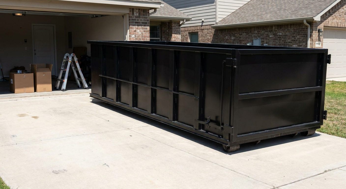 A matte-black 10-yard roll-off dumpster sitting directly on a residential Cicero concrete driveway, mid-day sunlight, clean and ready for a garage cleanout.