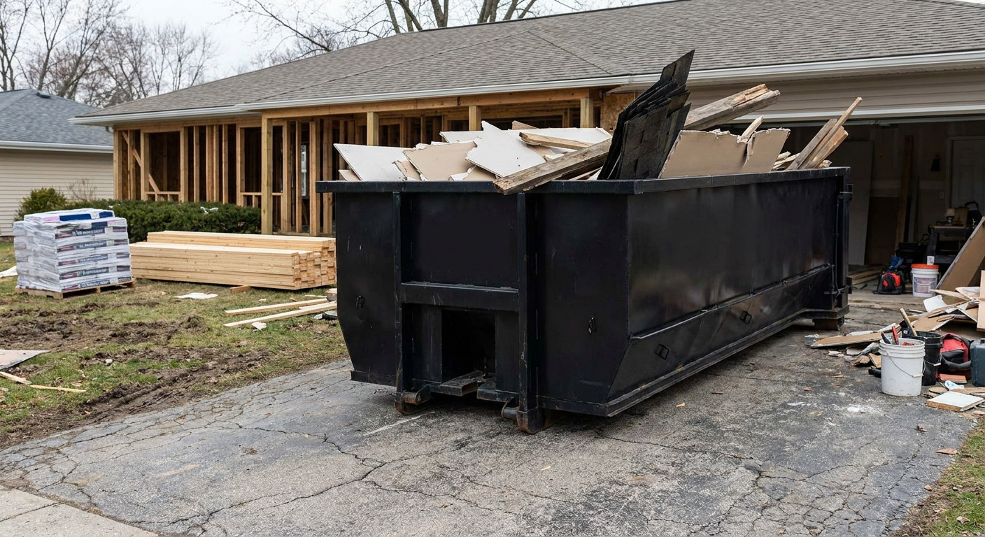 A matte-black 20-yard roll-off dumpster placed alongside a mid-renovation Cicero home directly on the asphalt driveway, with framing materials and torn-off shingles staged neatly nearby.