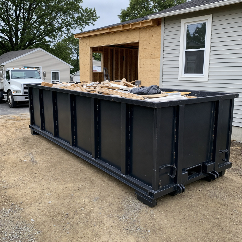 A matte-black 30-yard roll-off dumpster positioned at a Cicero residential addition jobsite, with framing lumber and drywall scraps loaded through the open swinging rear doors.
