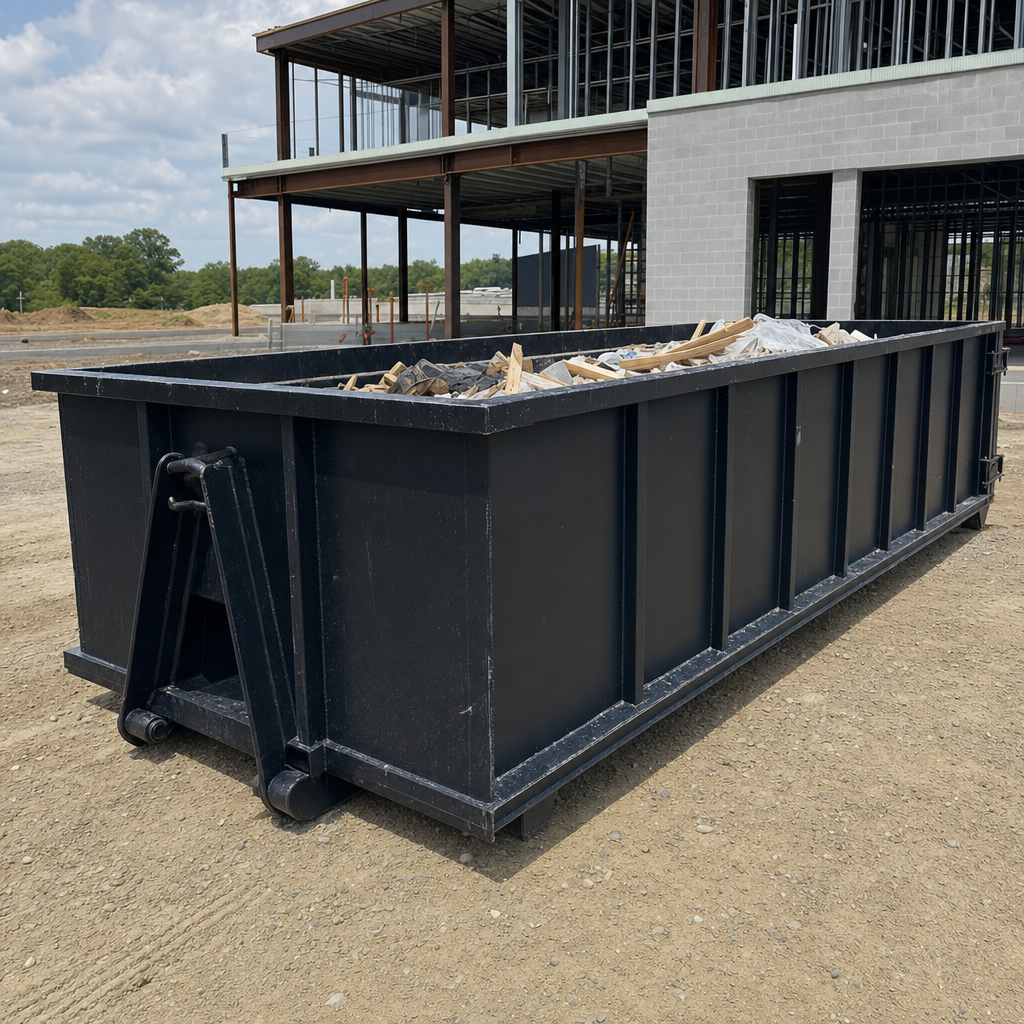 A matte-black 40-yard roll-off dumpster staged on a large Cicero commercial construction lot, with a hooklift delivery truck parked alongside under bright midday sky.