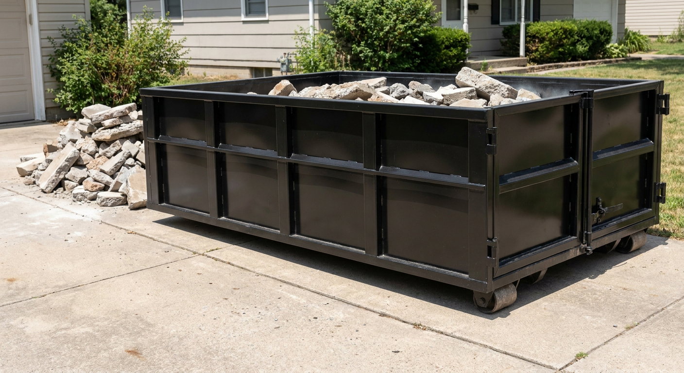 A matte-black low-side heavy-debris roll-off dumpster placed directly on a Cicero concrete driveway, with broken concrete chunks neatly stacked beside it under clean daylight.